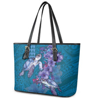 Hawaiian Turtle Love Couple Leather Tote Bag - Sweet Hibiscus and Kakau Pattern Sapphire Color LT03 - Polynesian Pride