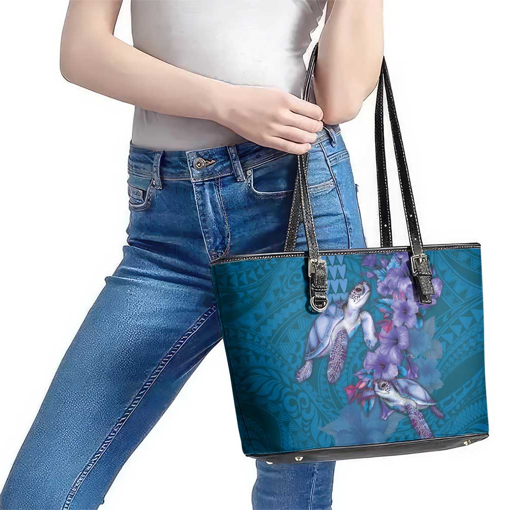 Hawaiian Turtle Love Couple Leather Tote Bag - Sweet Hibiscus and Kakau Pattern Sapphire Color LT03 - Polynesian Pride