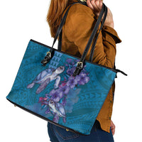 Hawaiian Turtle Love Couple Leather Tote Bag - Sweet Hibiscus and Kakau Pattern Sapphire Color LT03 - Polynesian Pride