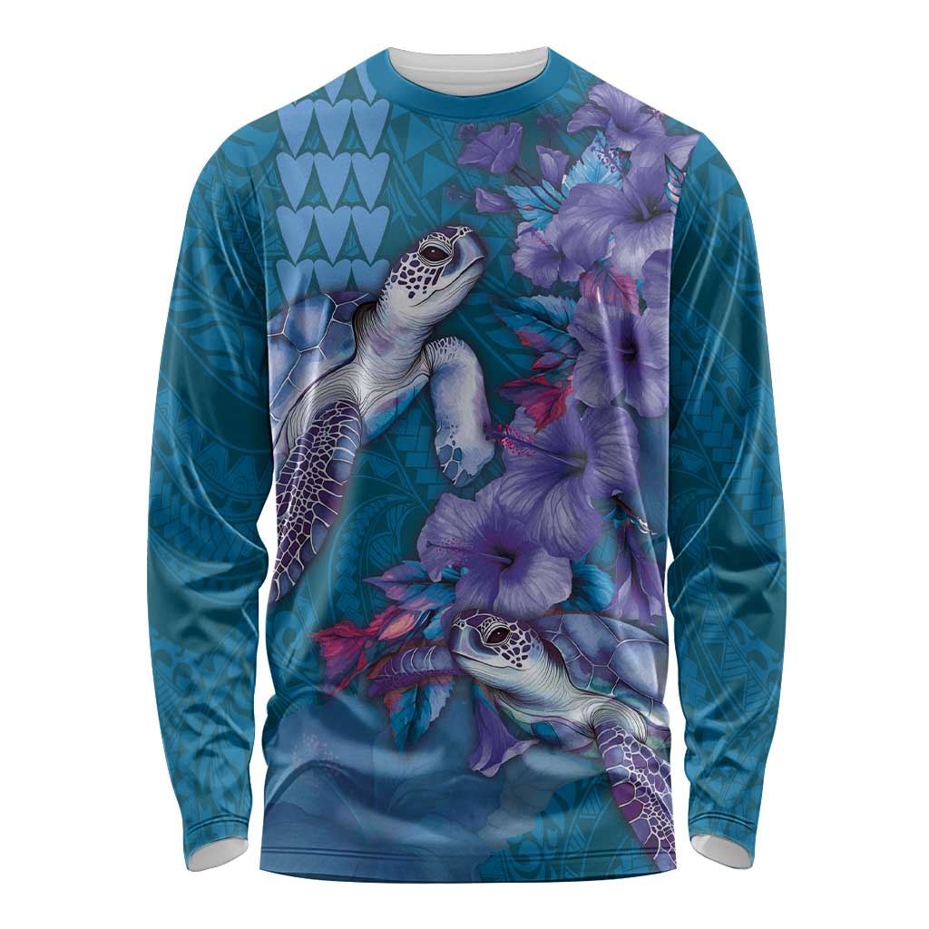 Hawaiian Turtle Love Couple Long Sleeve Shirt - Sweet Hibiscus and Kakau Pattern Sapphire Color LT03 Unisex Blue - Polynesian Pride