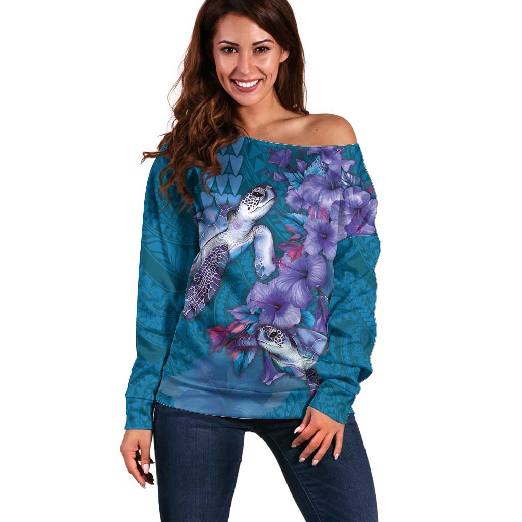Hawaiian Turtle Love Couple Off Shoulder Sweater - Sweet Hibiscus and Kakau Pattern Sapphire Color LT03 Women Blue - Polynesian Pride