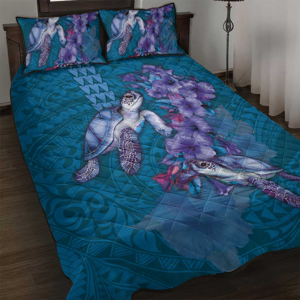 Hawaiian Turtle Love Couple Quilt Bed Set - Sweet Hibiscus and Kakau Pattern Sapphire Color LT03 Blue - Polynesian Pride