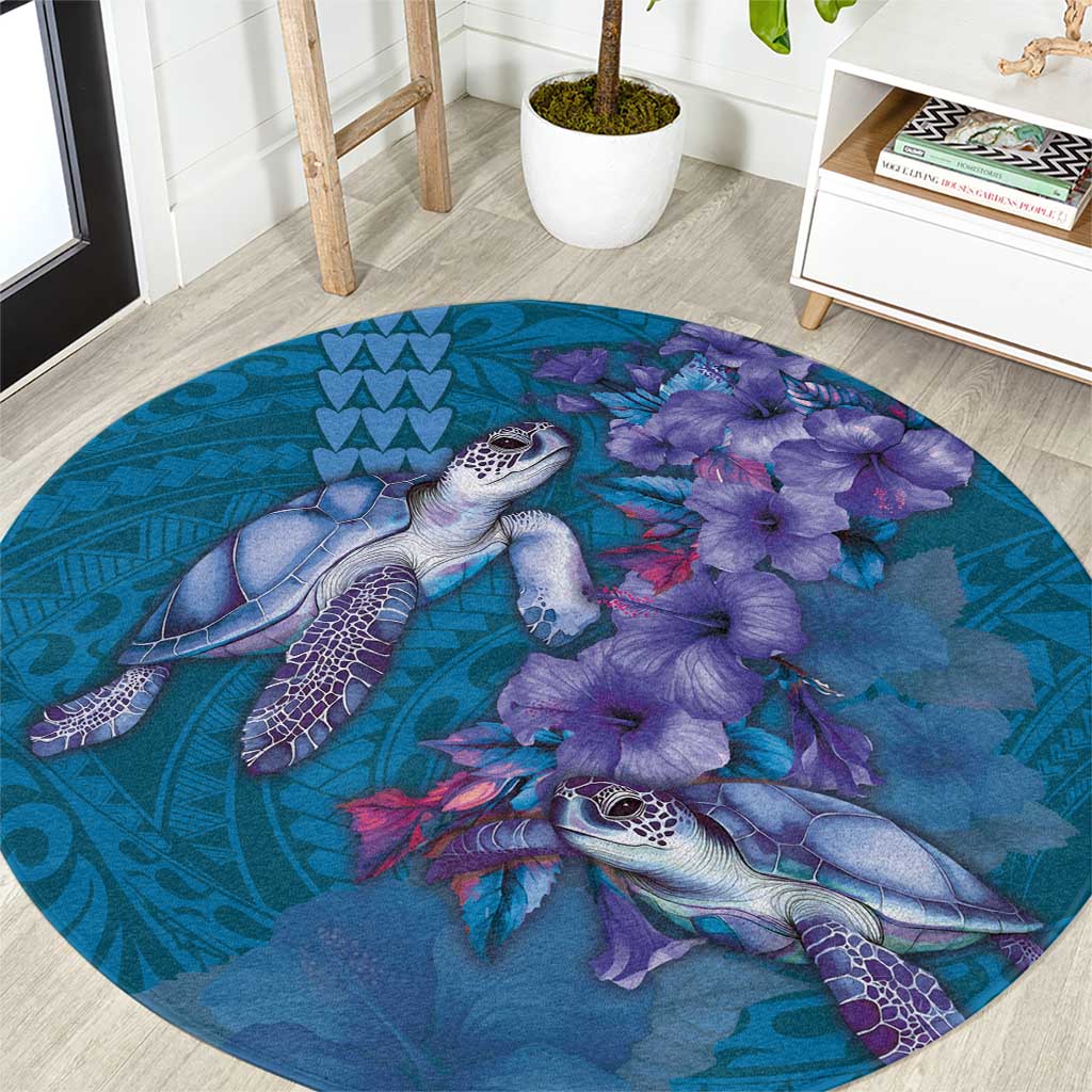 Hawaiian Turtle Love Couple Round Carpet - Sweet Hibiscus and Kakau Pattern Sapphire Color LT03 Blue - Polynesian Pride