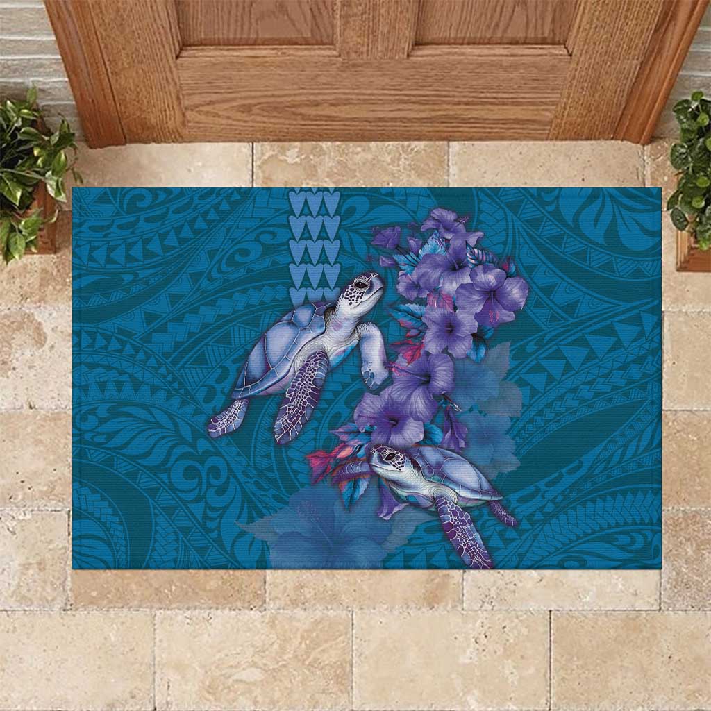 Hawaiian Turtle Love Couple Rubber Doormat - Sweet Hibiscus and Kakau Pattern Sapphire Color LT03 Blue - Polynesian Pride