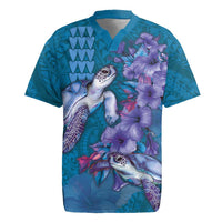 Hawaiian Turtle Love Couple Rugby Jersey - Sweet Hibiscus and Kakau Pattern Sapphire Color LT03 Blue - Polynesian Pride