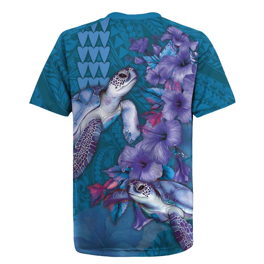 Hawaiian Turtle Love Couple Rugby Jersey - Sweet Hibiscus and Kakau Pattern Sapphire Color LT03 - Polynesian Pride