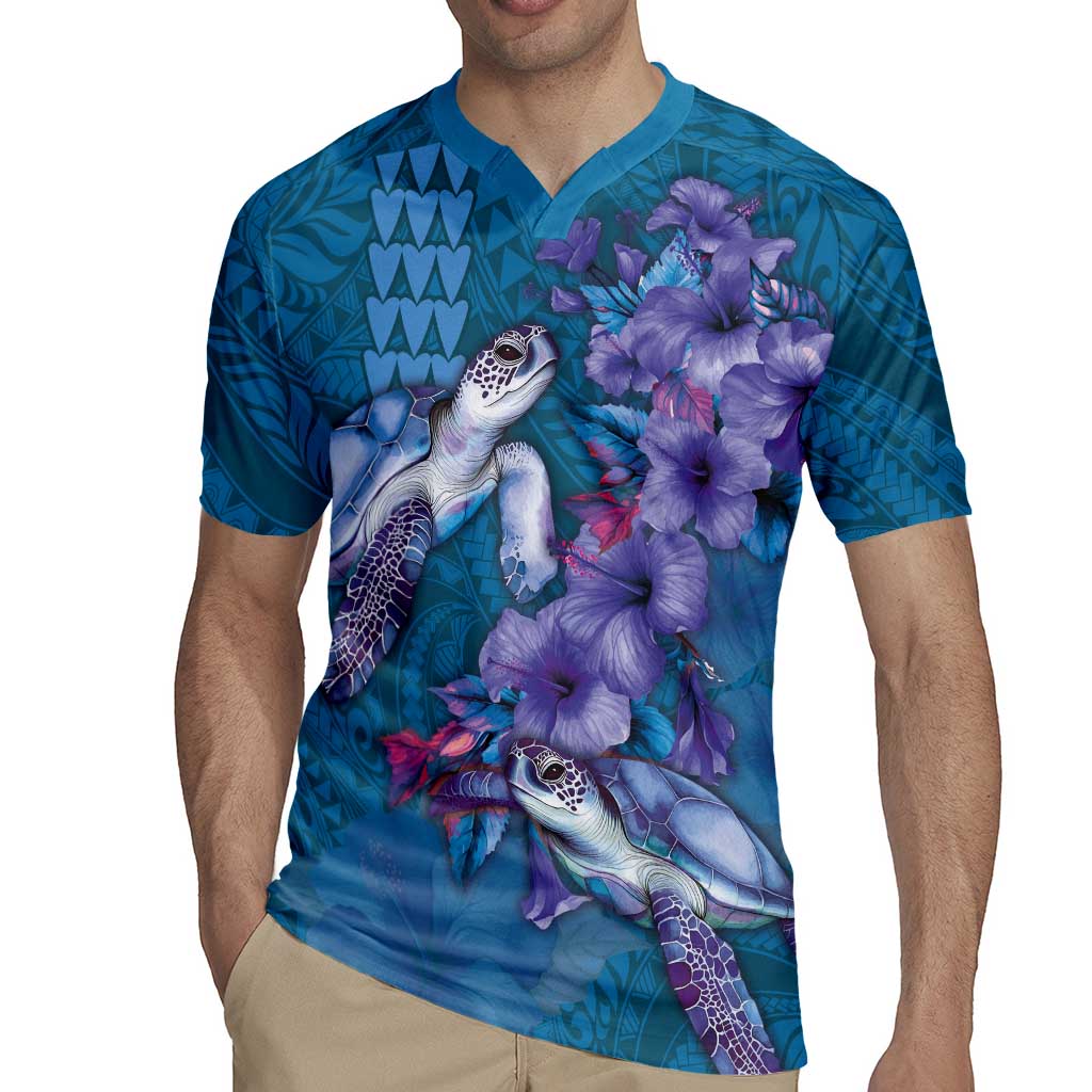 Hawaiian Turtle Love Couple Rugby Jersey - Sweet Hibiscus and Kakau Pattern Sapphire Color LT03 - Polynesian Pride