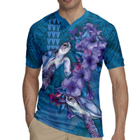 Hawaiian Turtle Love Couple Rugby Jersey - Sweet Hibiscus and Kakau Pattern Sapphire Color LT03 - Polynesian Pride