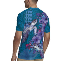 Hawaiian Turtle Love Couple Rugby Jersey - Sweet Hibiscus and Kakau Pattern Sapphire Color LT03 - Polynesian Pride