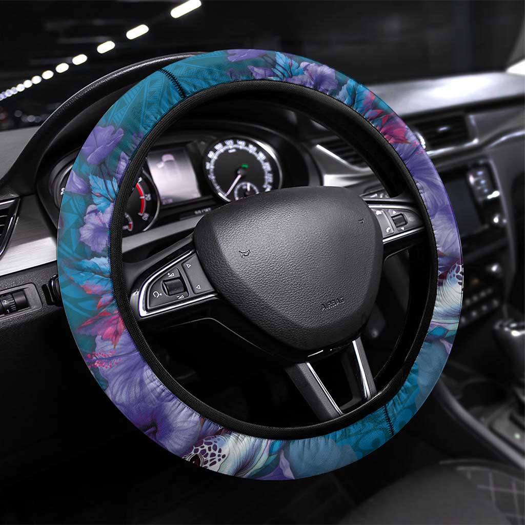 Hawaiian Turtle Love Couple Steering Wheel Cover - Sweet Hibiscus and Kakau Pattern Sapphire Color LT03 Universal Fit Blue - Polynesian Pride