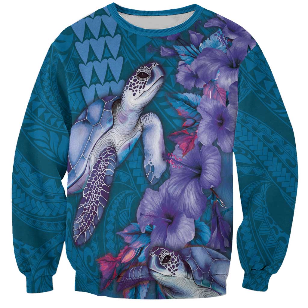 Hawaiian Turtle Love Couple Sweatshirt - Sweet Hibiscus and Kakau Pattern Sapphire Color LT03 Unisex Blue - Polynesian Pride
