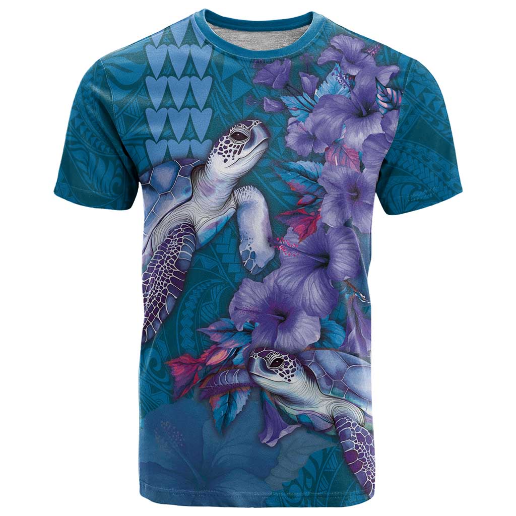 Hawaiian Turtle Love Couple T Shirt - Sweet Hibiscus and Kakau Pattern Sapphire Color LT03 Blue - Polynesian Pride