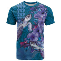 Hawaiian Turtle Love Couple T Shirt - Sweet Hibiscus and Kakau Pattern Sapphire Color LT03 Blue - Polynesian Pride