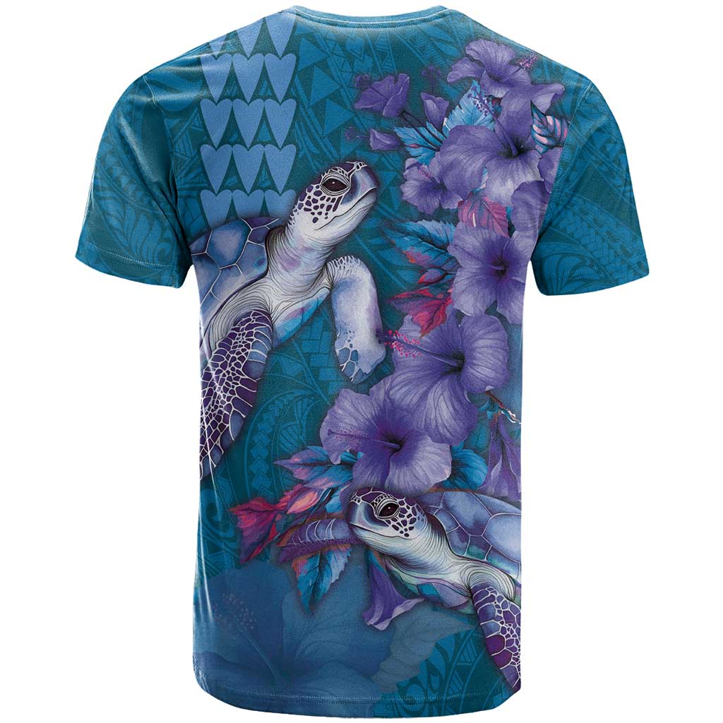 Hawaiian Turtle Love Couple T Shirt - Sweet Hibiscus and Kakau Pattern Sapphire Color LT03 - Polynesian Pride