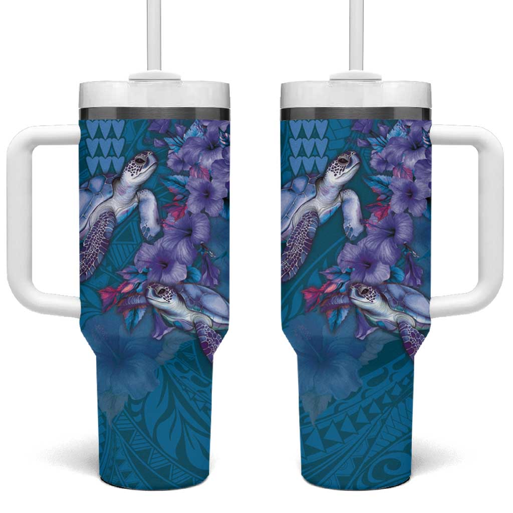 Hawaiian Turtle Love Couple Tumbler With Handle Sweet Hibiscus and Kakau Pattern Sapphire Color LT03 One Size: 40 oz Blue - Polynesian Pride