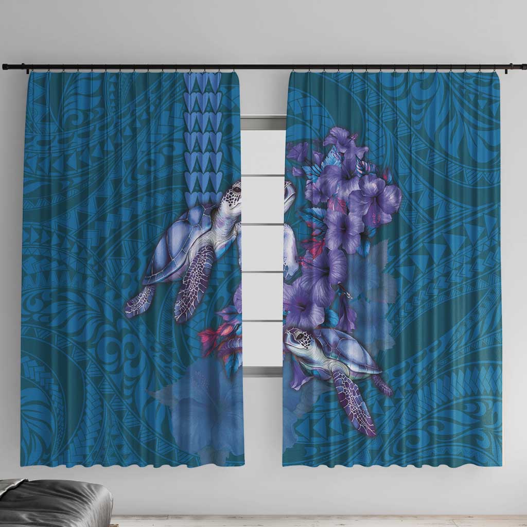 Hawaiian Turtle Love Couple Window Curtain - Sweet Hibiscus and Kakau Pattern Sapphire Color LT03 With Hooks Blue - Polynesian Pride