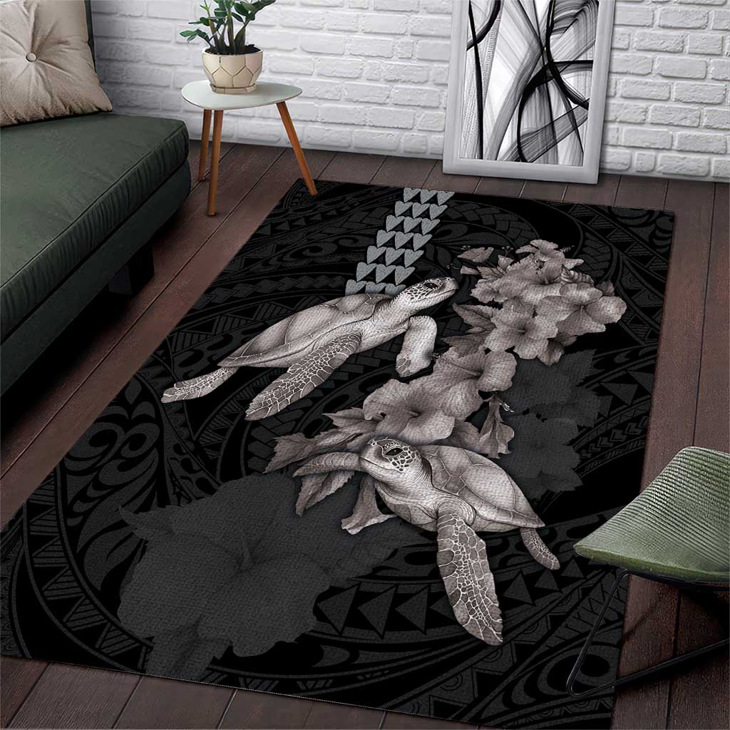 Hawaiian Turtle Love Couple Area Rug - Sweet Hibiscus and Kakau Pattern Grayscale Color