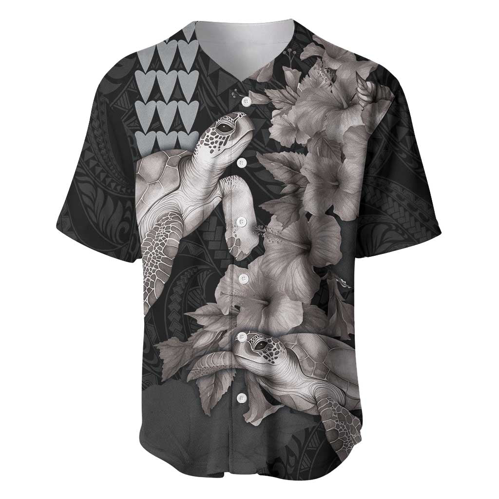 Hawaiian Turtle Love Couple Baseball Jersey - Sweet Hibiscus and Kakau Pattern Grayscale Color LT03 Black - Polynesian Pride
