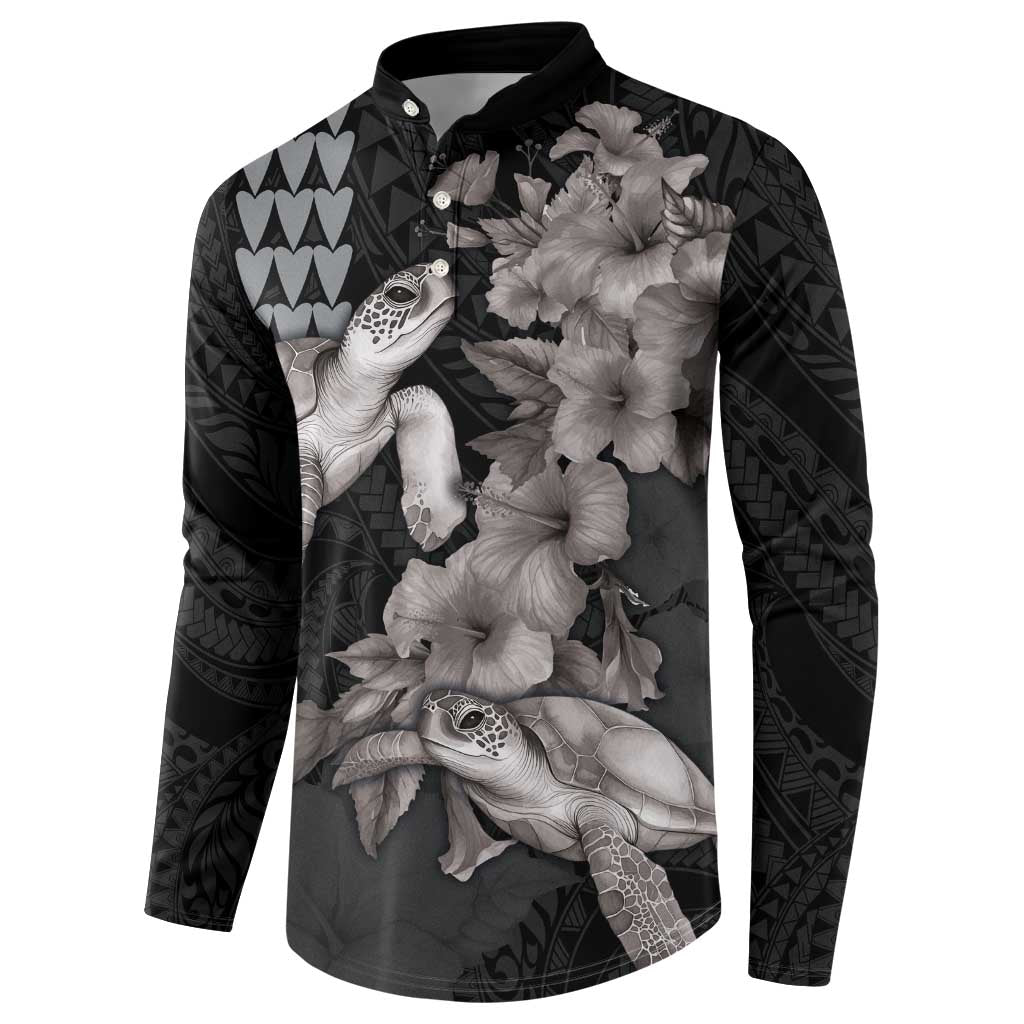 Hawaiian Turtle Love Couple Button Sweatshirt - Sweet Hibiscus and Kakau Pattern Grayscale Color LT03 - Polynesian Pride