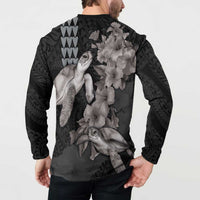 Hawaiian Turtle Love Couple Button Sweatshirt - Sweet Hibiscus and Kakau Pattern Grayscale Color LT03 - Polynesian Pride