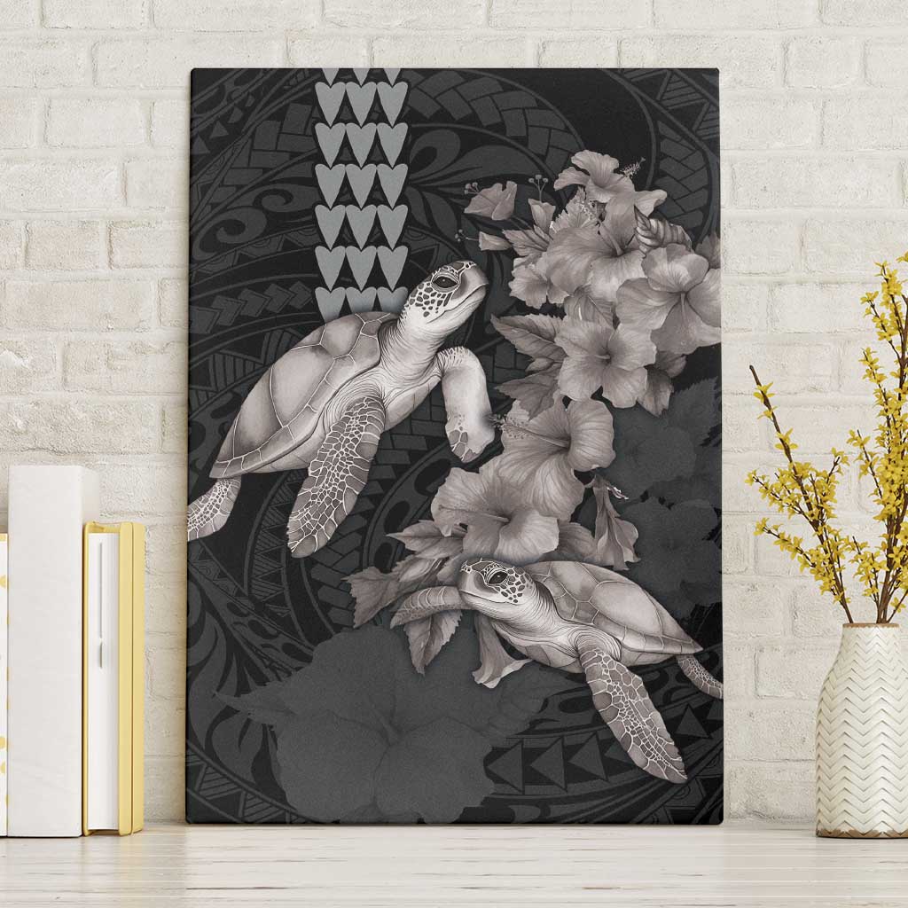 Hawaiian Turtle Love Couple Canvas Wall Art - Sweet Hibiscus and Kakau Pattern Grayscale Color LT03 Without Frame Black - Polynesian Pride