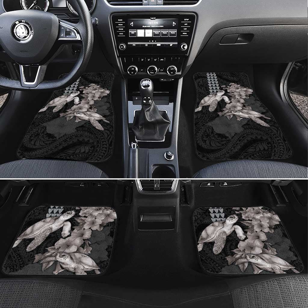 Hawaiian Turtle Love Couple Car Mats - Sweet Hibiscus and Kakau Pattern Grayscale Color LT03 Set 4pcs Black - Polynesian Pride