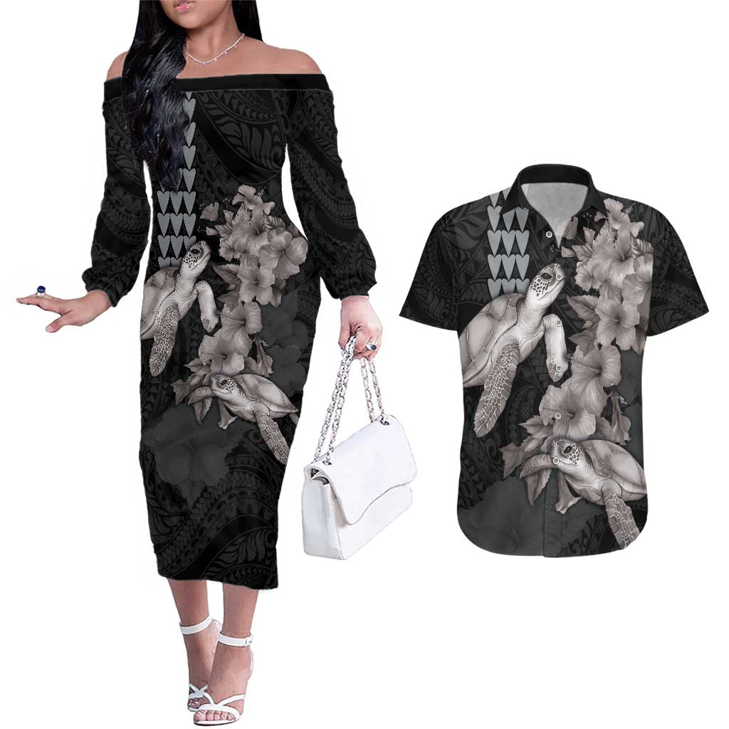 Hawaiian Turtle Love Couple Couples Matching Off The Shoulder Long Sleeve Dress and Hawaiian Shirt - Sweet Hibiscus and Kakau Pattern Grayscale Color