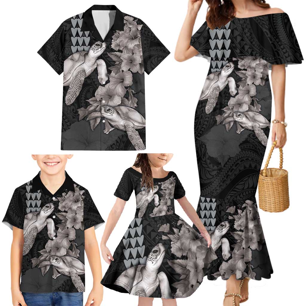 Hawaiian Turtle Love Couple Family Matching Mermaid Dress and Hawaiian Shirt - Sweet Hibiscus and Kakau Pattern Grayscale Color