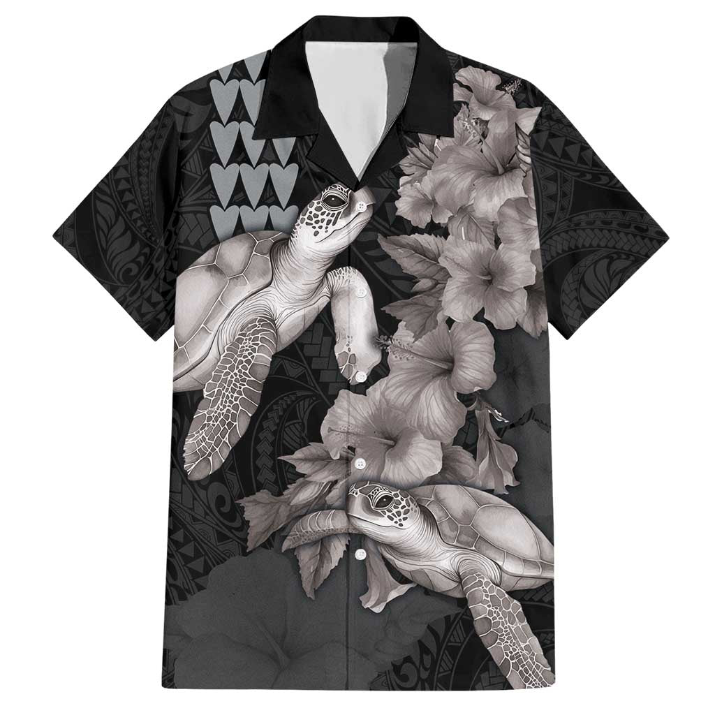 Hawaiian Turtle Love Couple Hawaiian Shirt - Sweet Hibiscus and Kakau Pattern Grayscale Color LT03 Black - Polynesian Pride