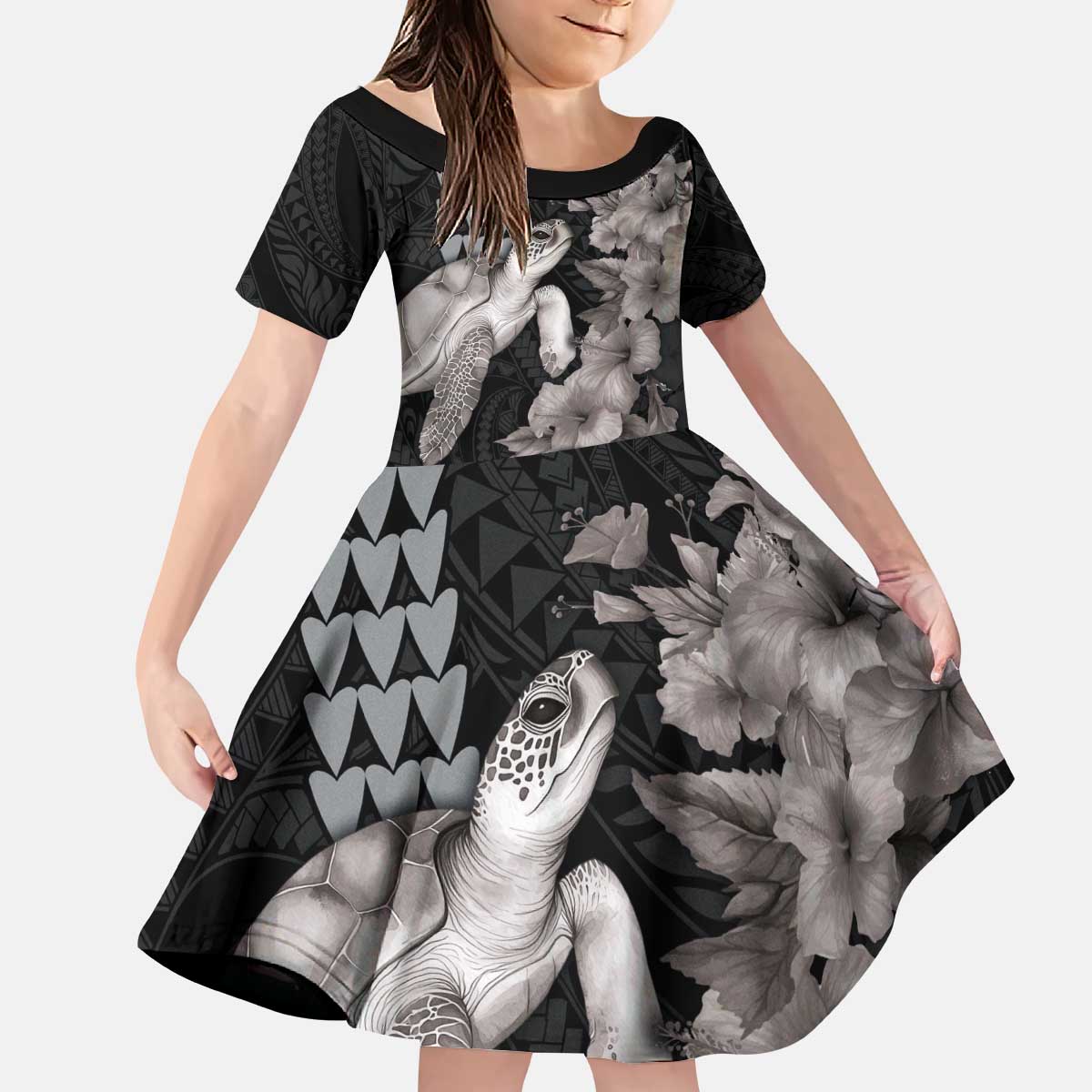 Hawaiian Turtle Love Couple Kid Short Sleeve Dress - Sweet Hibiscus and Kakau Pattern Grayscale Color LT03 KID Black - Polynesian Pride
