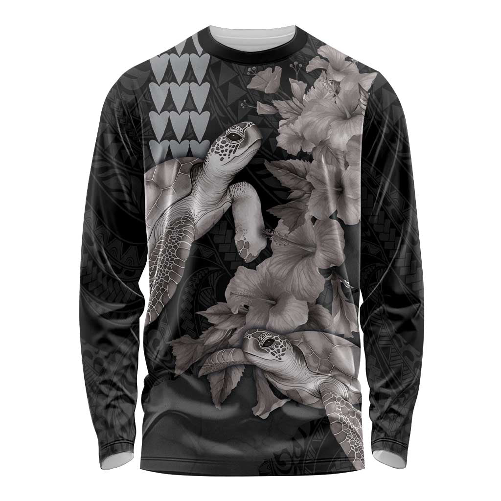 Hawaiian Turtle Love Couple Long Sleeve Shirt - Sweet Hibiscus and Kakau Pattern Grayscale Color LT03 Unisex Black - Polynesian Pride