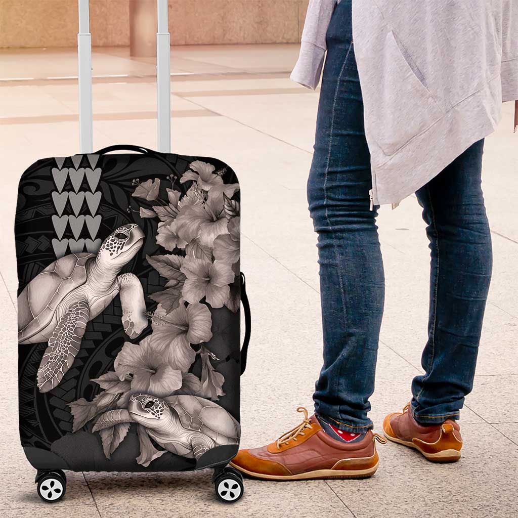 Hawaiian Turtle Love Couple Luggage Cover - Sweet Hibiscus and Kakau Pattern Grayscale Color LT03 Black - Polynesian Pride