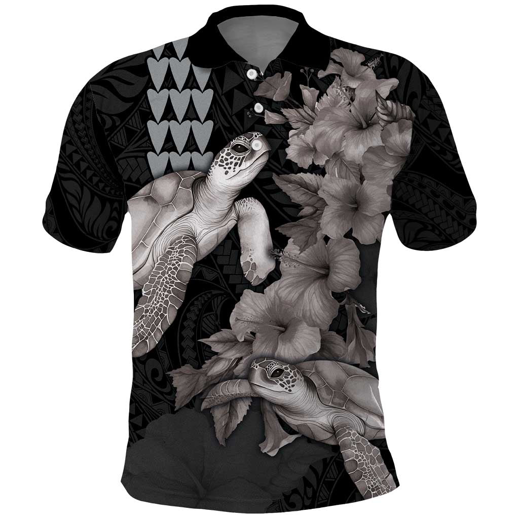 Hawaiian Turtle Love Couple Polo Shirt - Sweet Hibiscus and Kakau Pattern Grayscale Color LT03 Black - Polynesian Pride