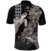 Hawaiian Turtle Love Couple Polo Shirt - Sweet Hibiscus and Kakau Pattern Grayscale Color LT03 - Polynesian Pride