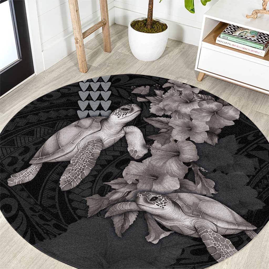 Hawaiian Turtle Love Couple Round Carpet - Sweet Hibiscus and Kakau Pattern Grayscale Color LT03 Black - Polynesian Pride