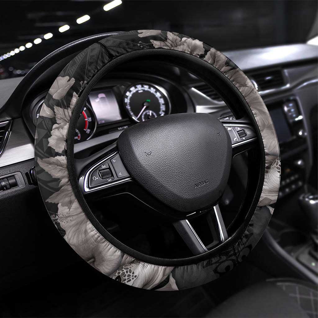 Hawaiian Turtle Love Couple Steering Wheel Cover - Sweet Hibiscus and Kakau Pattern Grayscale Color LT03 Universal Fit Black - Polynesian Pride