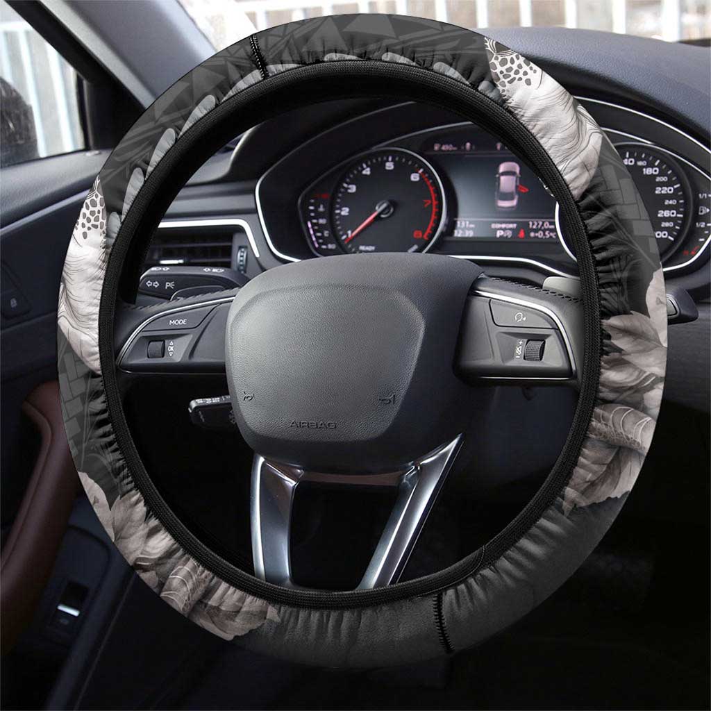 Hawaiian Turtle Love Couple Steering Wheel Cover - Sweet Hibiscus and Kakau Pattern Grayscale Color LT03 - Polynesian Pride