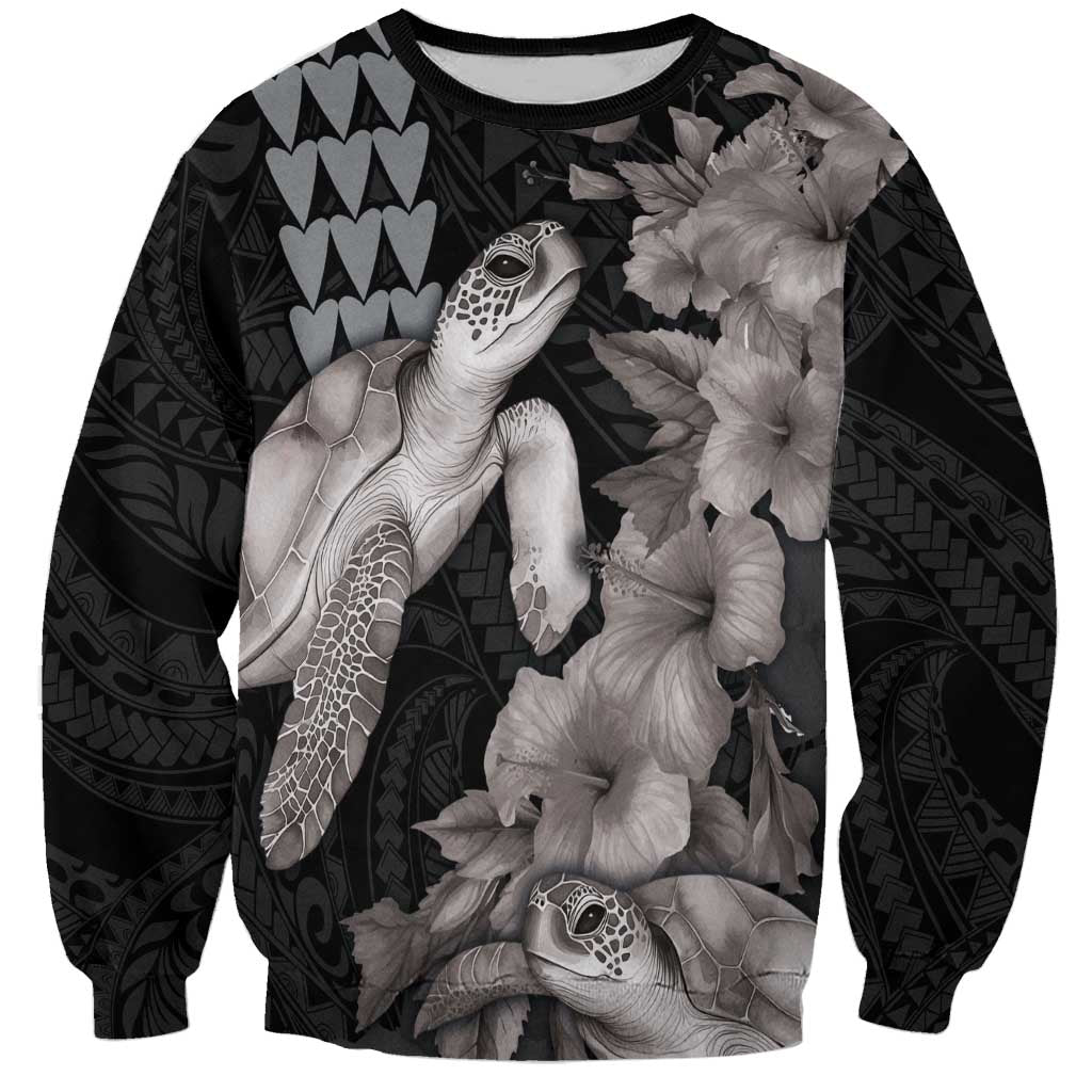 Hawaiian Turtle Love Couple Sweatshirt - Sweet Hibiscus and Kakau Pattern Grayscale Color LT03 Unisex Black - Polynesian Pride