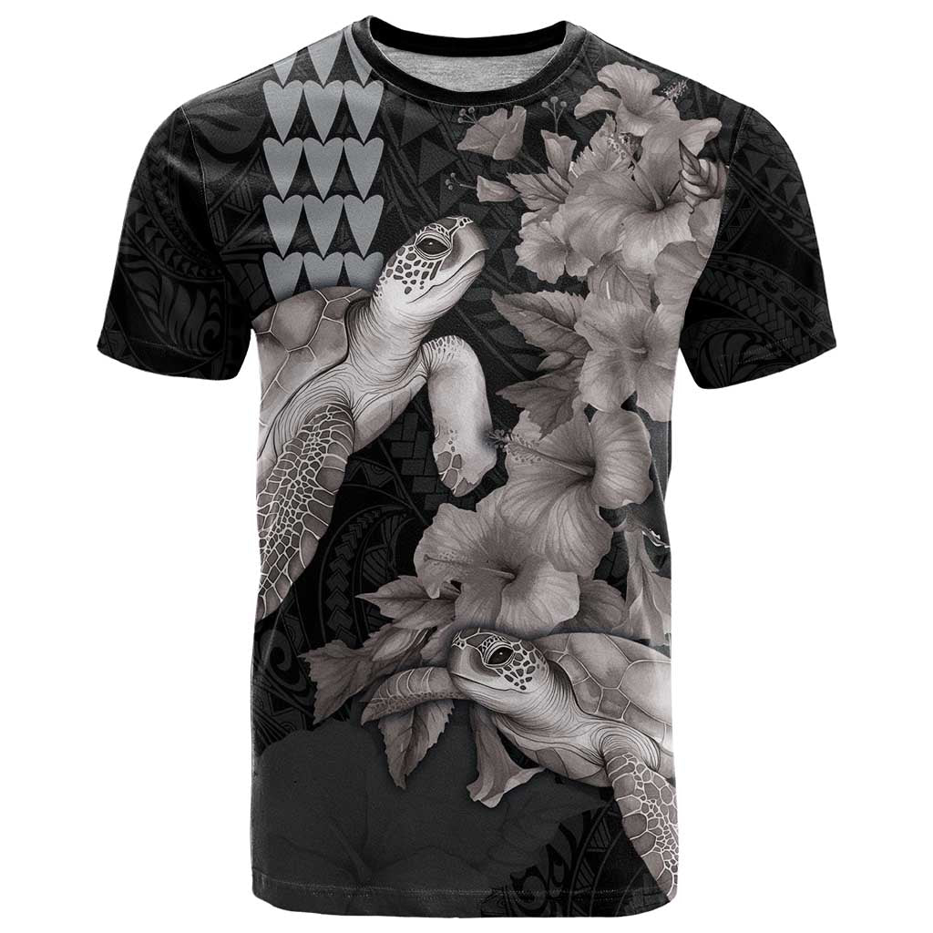 Hawaiian Turtle Love Couple T Shirt - Sweet Hibiscus and Kakau Pattern Grayscale Color LT03 Black - Polynesian Pride