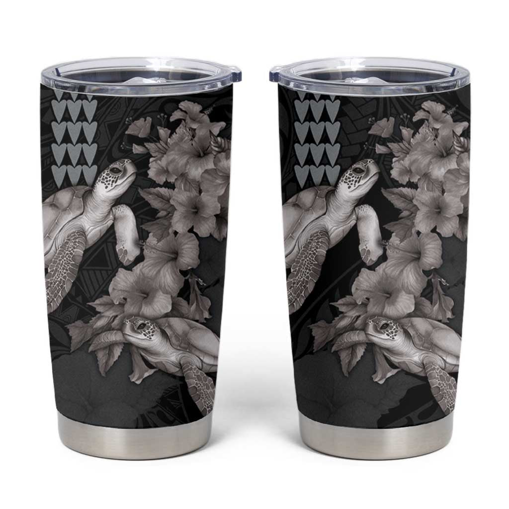 Hawaiian Turtle Love Couple Tumbler Cup Sweet Hibiscus and Kakau Pattern Grayscale Color LT03 Black - Polynesian Pride
