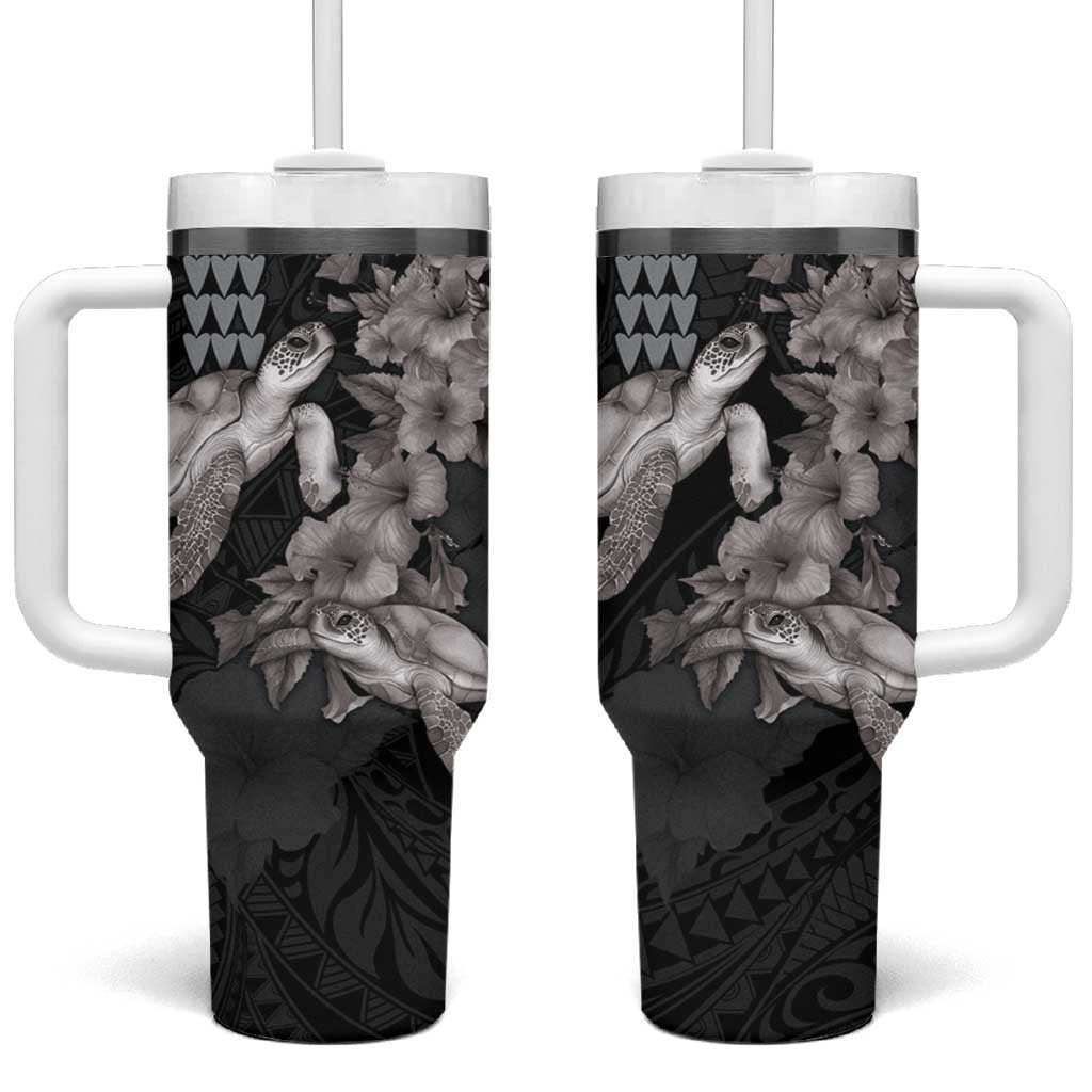 Hawaiian Turtle Love Couple Tumbler With Handle Sweet Hibiscus and Kakau Pattern Grayscale Color LT03 One Size: 40 oz Black - Polynesian Pride