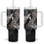 Hawaiian Turtle Love Couple Tumbler With Handle Sweet Hibiscus and Kakau Pattern Grayscale Color