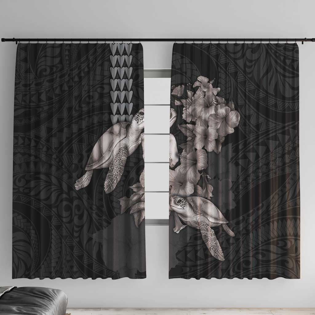 Hawaiian Turtle Love Couple Window Curtain - Sweet Hibiscus and Kakau Pattern Grayscale Color LT03 With Hooks Black - Polynesian Pride