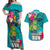 Hawaii Great Aloha Run 40th Anniversary Couples Matching Off Shoulder Maxi Dress and Hawaiian Shirt With Turtle Mascot Marathon Hibiscus and Kakau LT03 Turquoise - Polynesian Pride