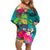 Hawaii Great Aloha Run 40th Anniversary Off Shoulder Short Dress With Turtle Mascot Marathon Hibiscus and Kakau LT03 Women Turquoise - Polynesian Pride