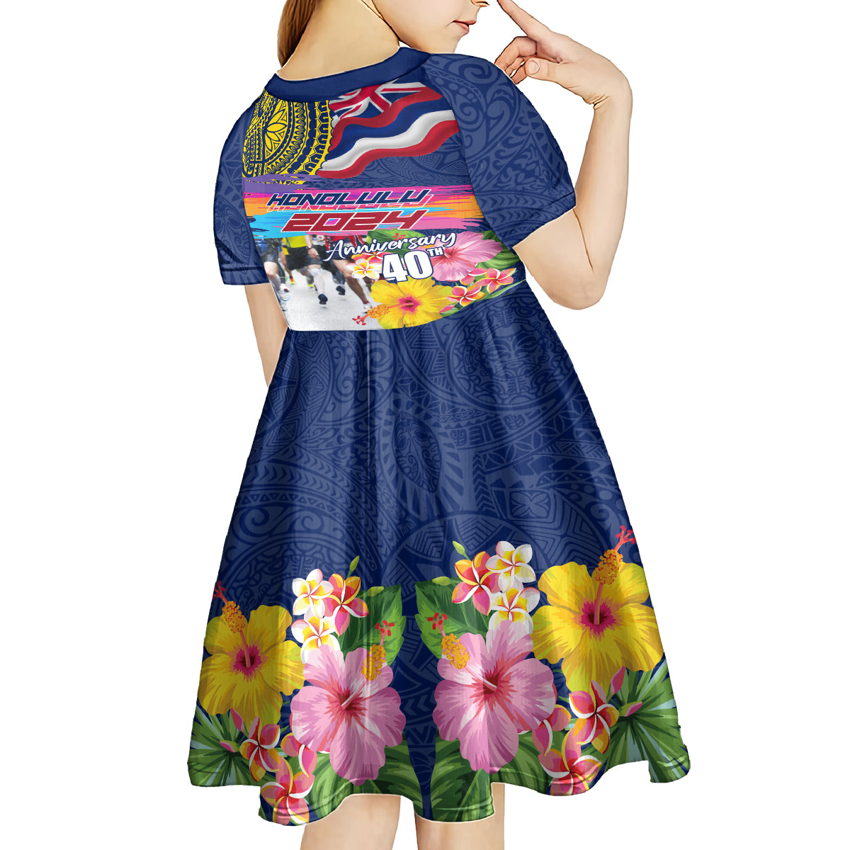 Hawaii Great Aloha Run 40th Anniversary Kid Short Sleeve Dress Hibiscus and Kakau Pattern LT03 - Polynesian Pride