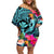 Hawaii Family Matching Off Shoulder Short Dress and Hawaiian Shirt Whale Mix Hibiscus and Kanaka Maoli LT03 Mom's Dress Black - Polynesian Pride