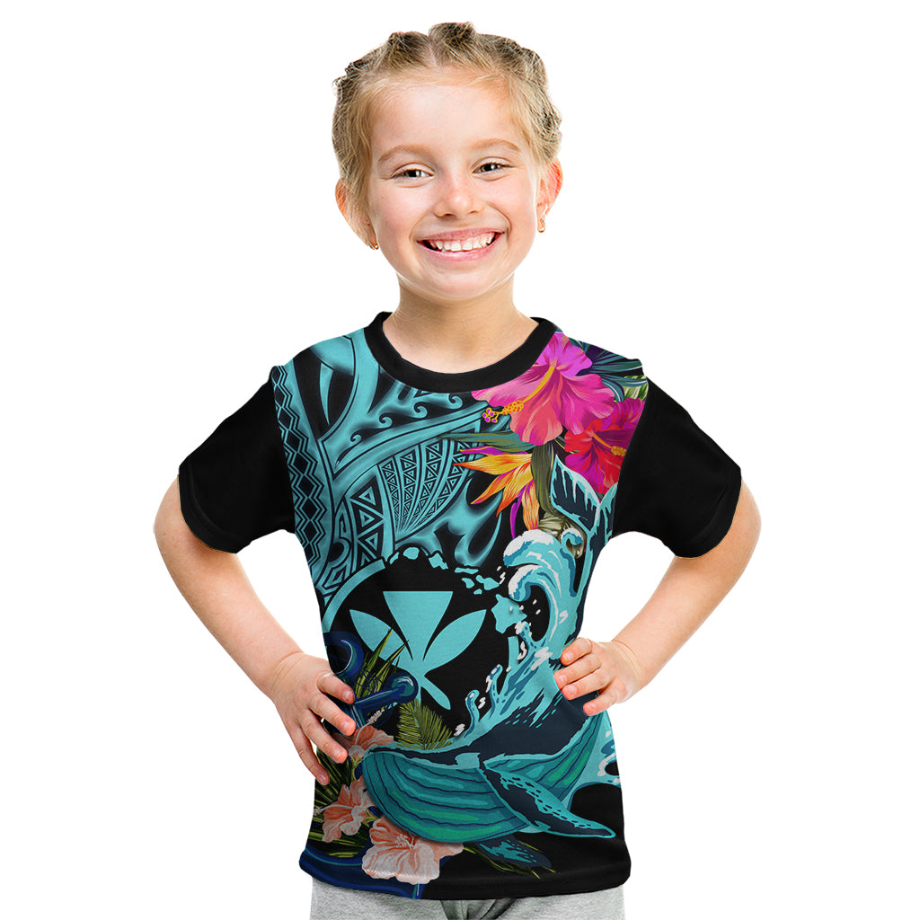 Hawaii Kid T Shirt Whale Mix Hibiscus and Kanaka Maoli LT03 Black - Polynesian Pride