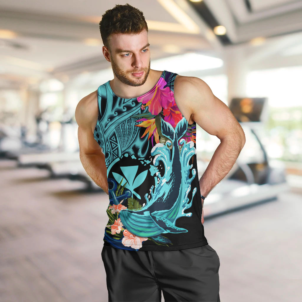 Hawaii Men Tank Top Whale Mix Hibiscus and Kanaka Maoli LT03 Black - Polynesian Pride