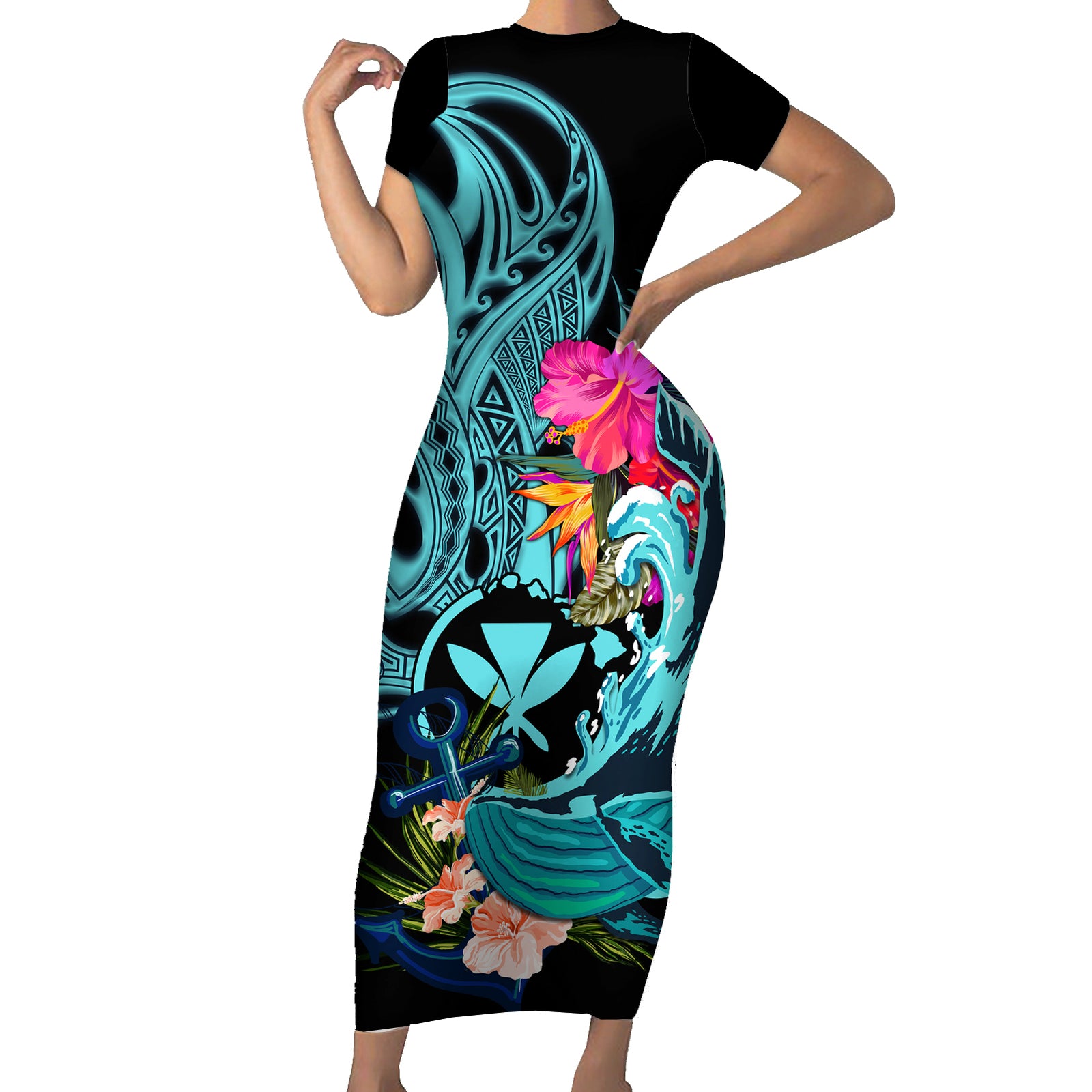 Hawaii Short Sleeve Bodycon Dress Whale Mix Hibiscus and Kanaka Maoli LT03 Long Dress Black - Polynesian Pride